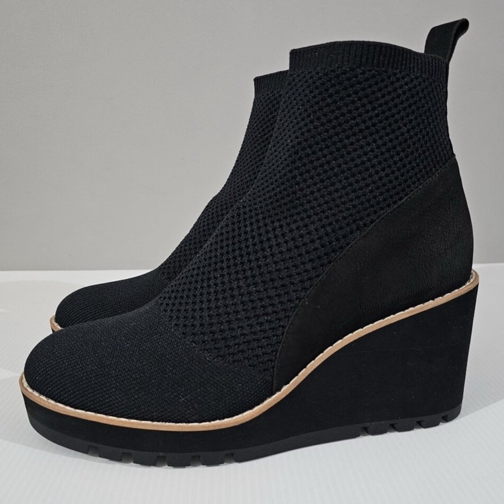 Eileen Fisher Quill Stretch Ankle Bootie Wedge Pull On Boot Black Knit Size 10